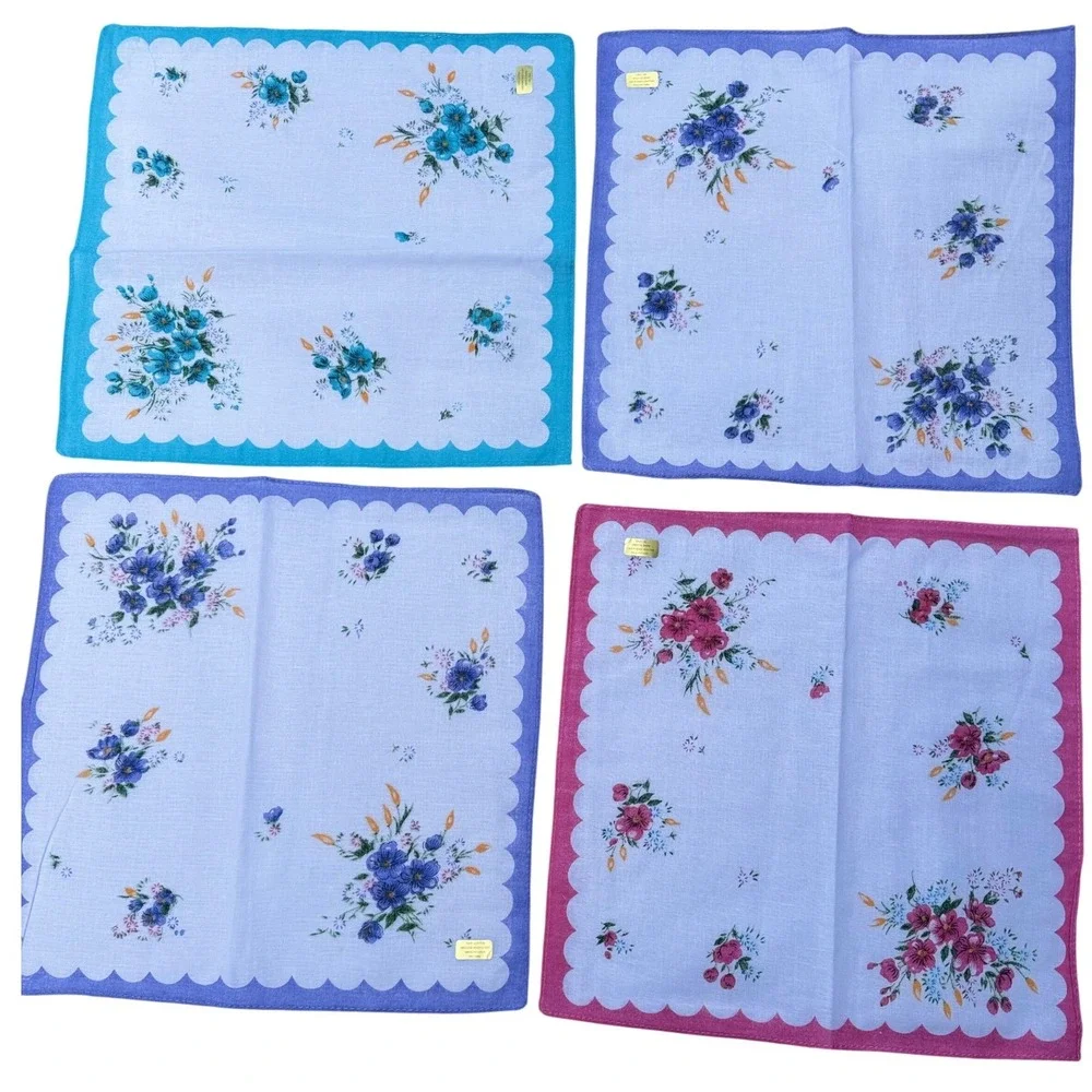 Set of 4 Vintage Floral Cotton Handkerchiefs Scalloped Edge Pink Blue